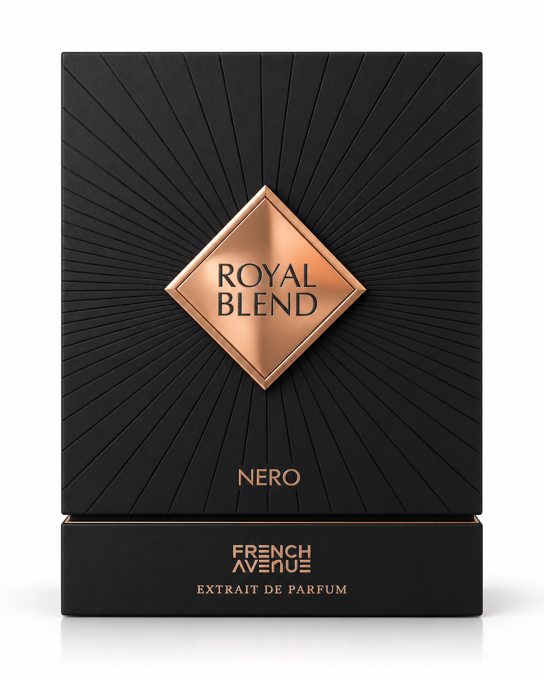 French Avenue Royal Blend Nero perfume box with black and rose gold details on white background