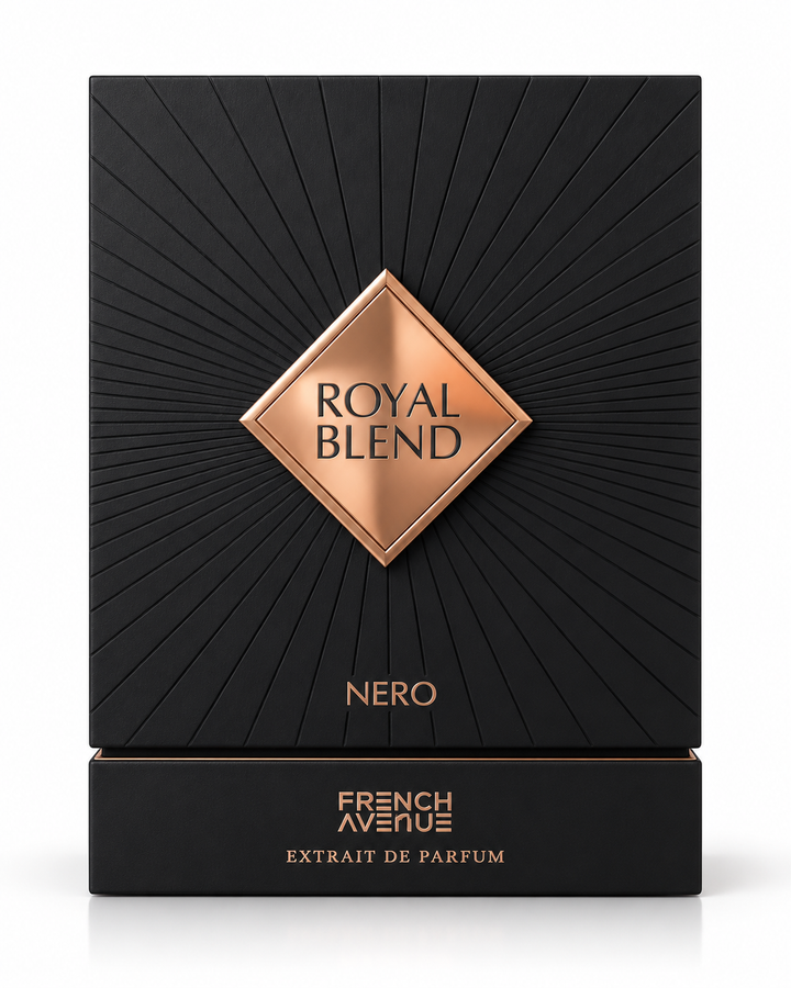 French Avenue Royal Blend Nero perfume box with black and rose gold details on white background