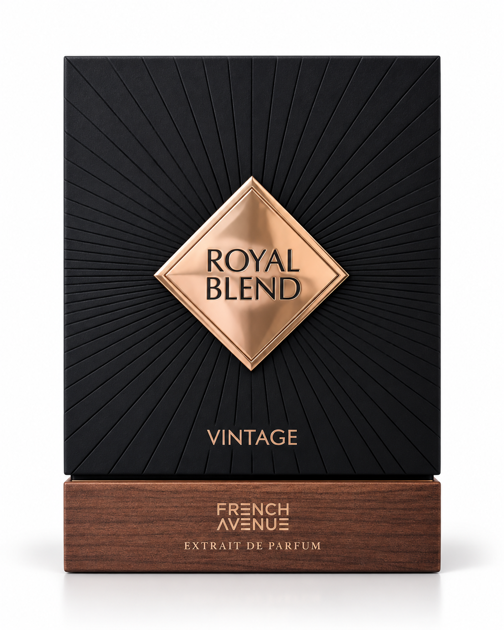 French Avenue Royal Blend Vintage Extrait de Parfum black box with rose gold detail and wood-tone base on white background