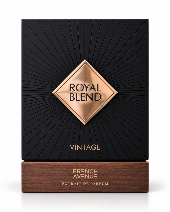 French Avenue Royal Blend Vintage Extrait de Parfum black box with rose gold detail and wood-tone base on white background
