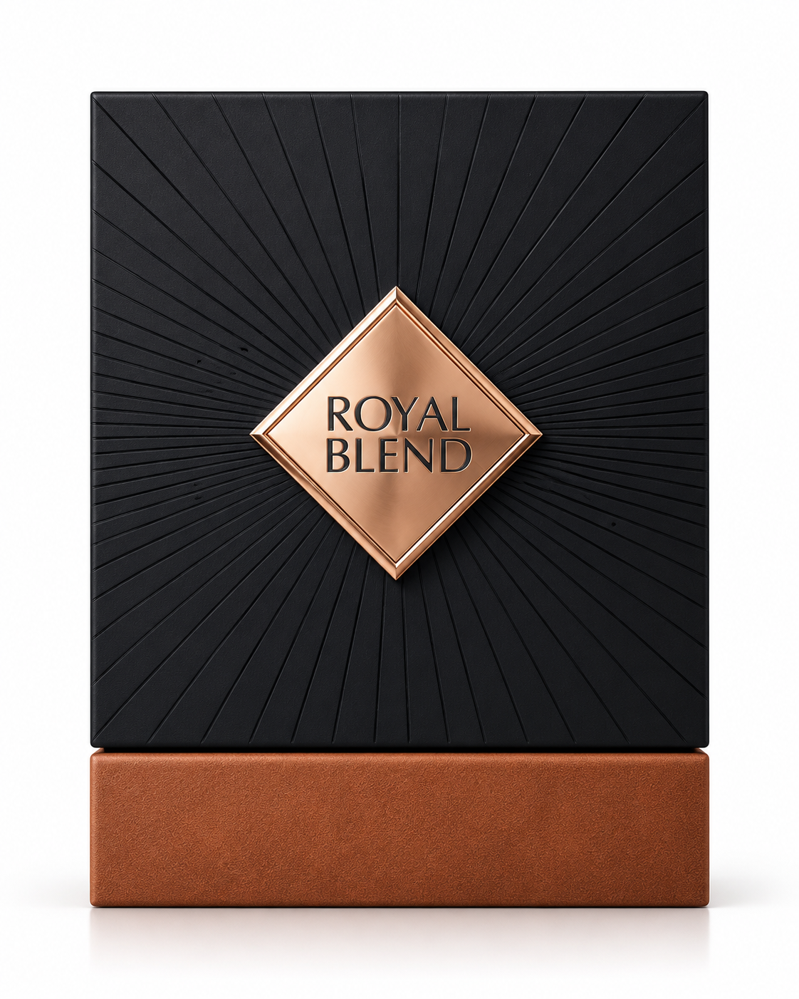 Royal Blend perfume black sunburst box with copper diamond emblem on white background