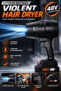 Promotional image of cordless handheld blower with airflow and feature highlights