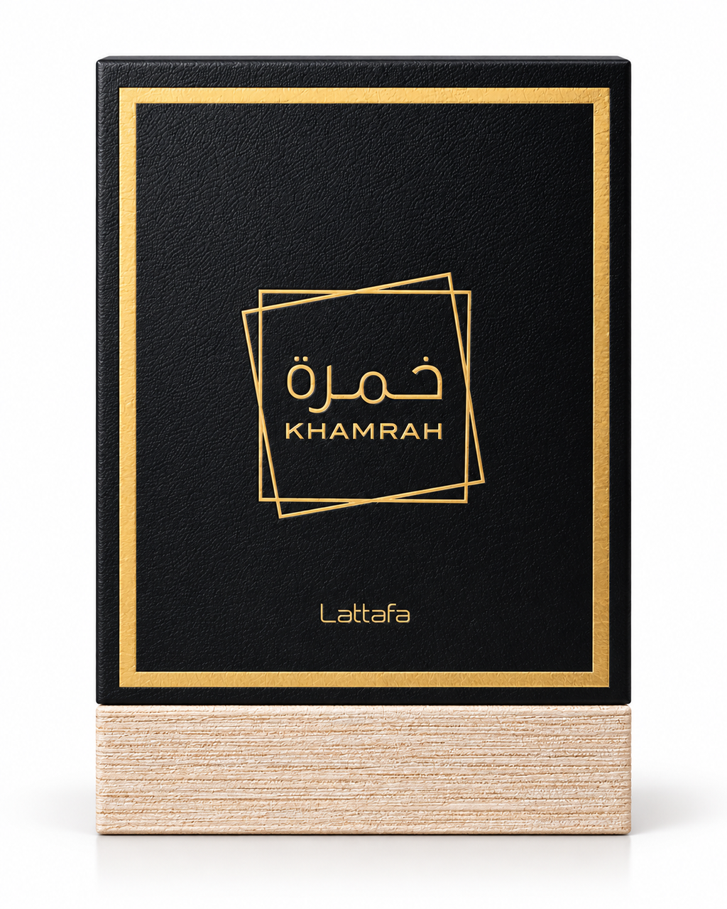 Lattafa Khamrah perfume in elegant black and gold packaging on a white background