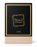 Lattafa Khamrah perfume in elegant black and gold packaging on a white background