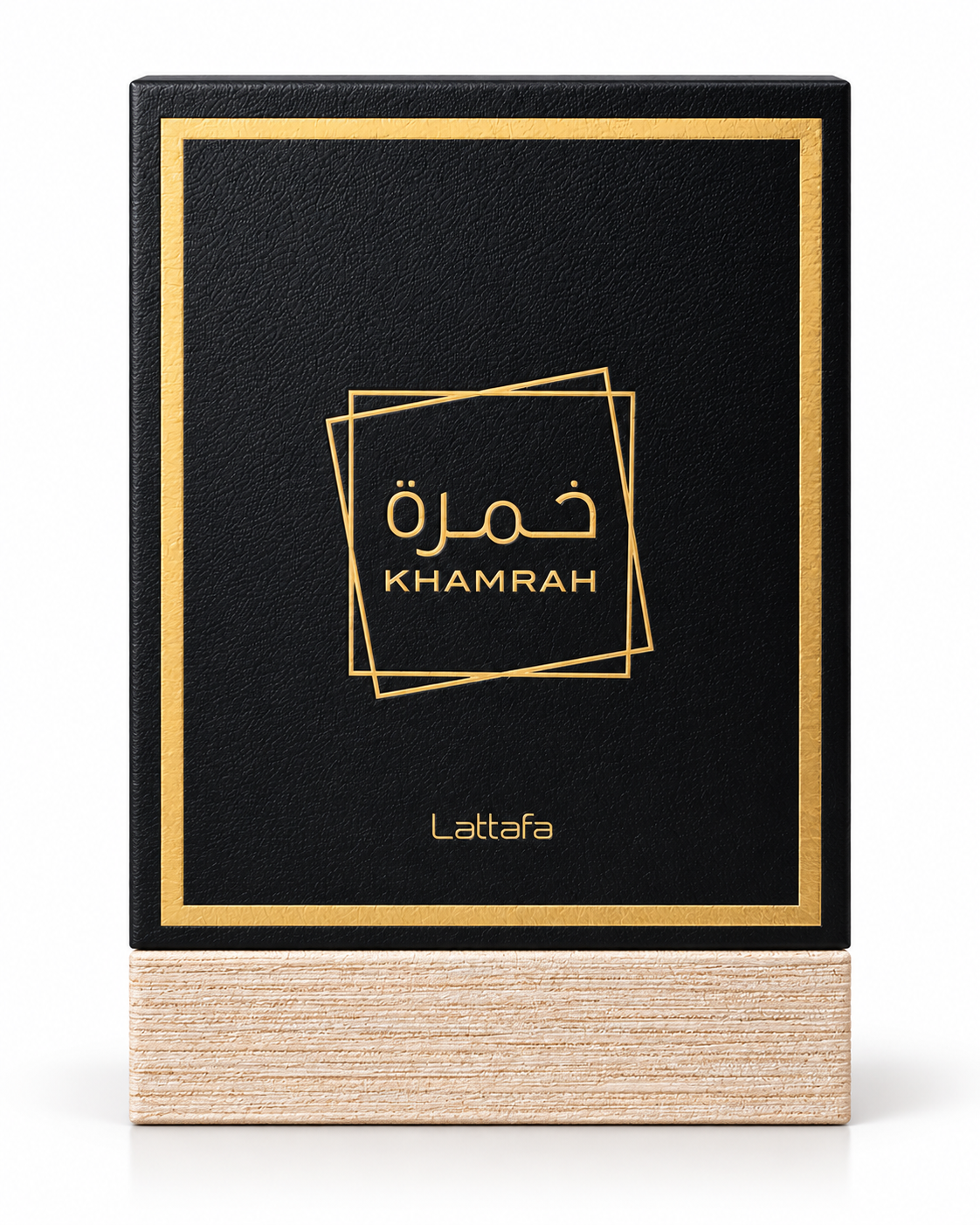 Lattafa Khamrah perfume in elegant black and gold packaging on a white background