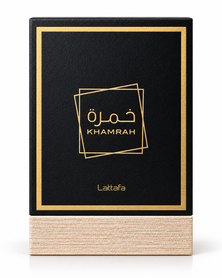 Lattafa Khamrah perfume in elegant black and gold packaging on a white background