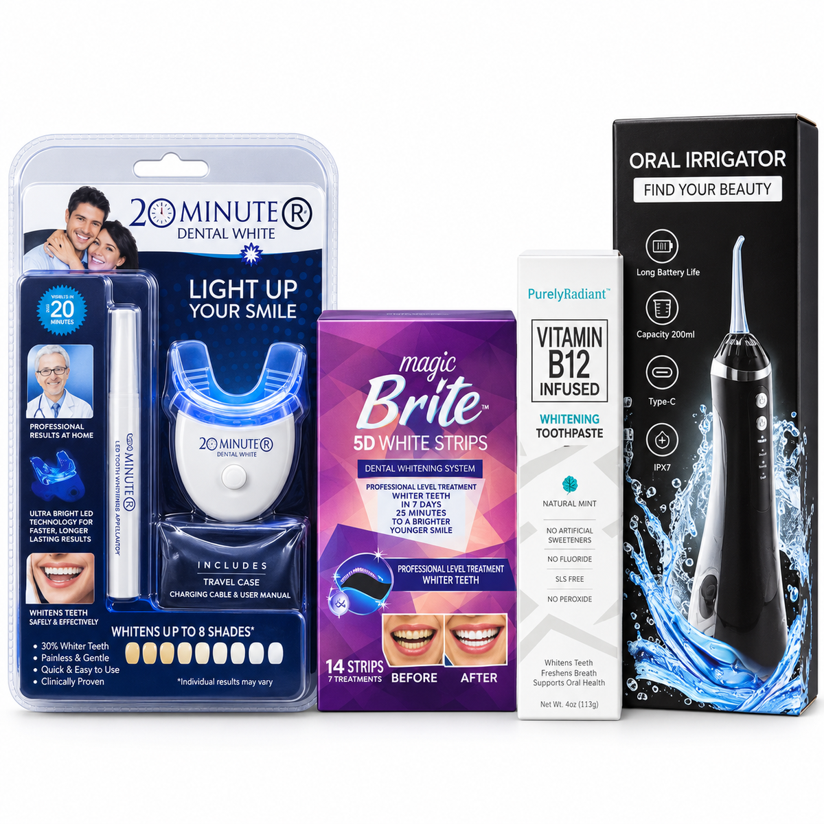 Teeth whitening kit 4 in 1 – complete four-piece set on white background