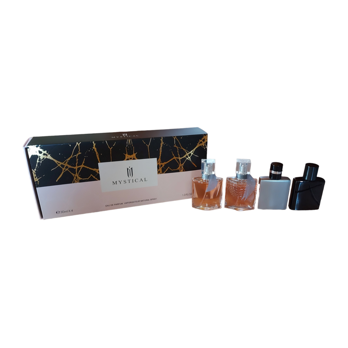Original fragrance bottle and packaging on neat square photo