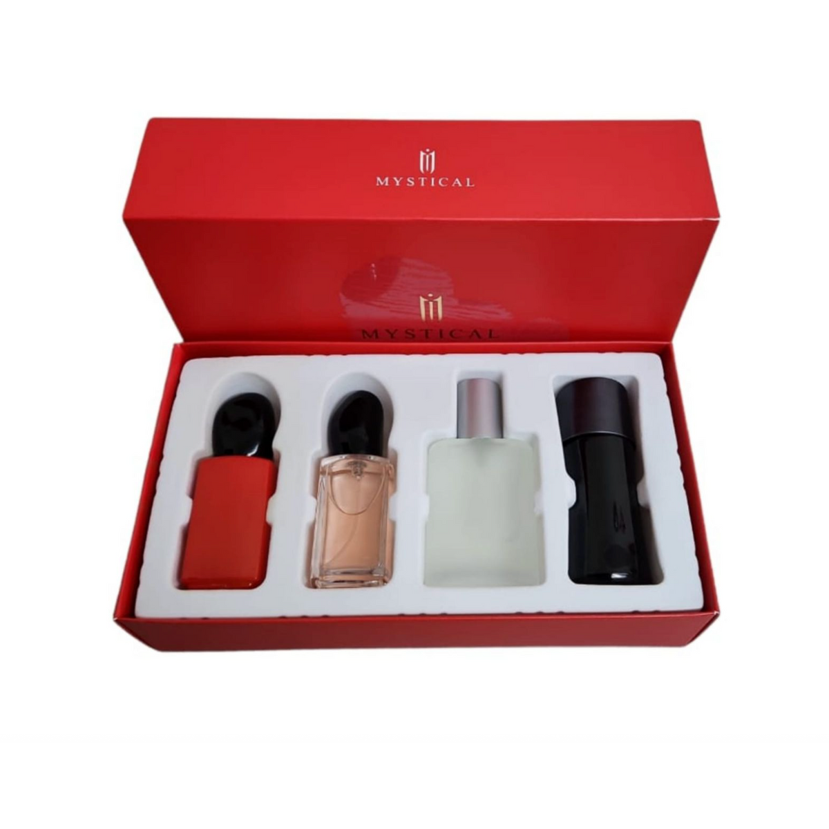 Original fragrance bottle and packaging on neat square photo