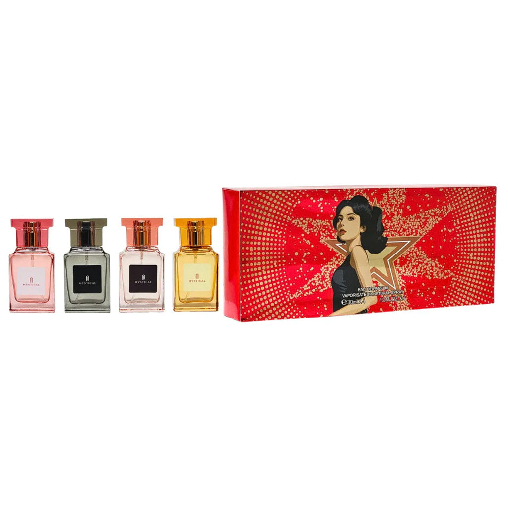 Original fragrance bottle and packaging on neat square photo