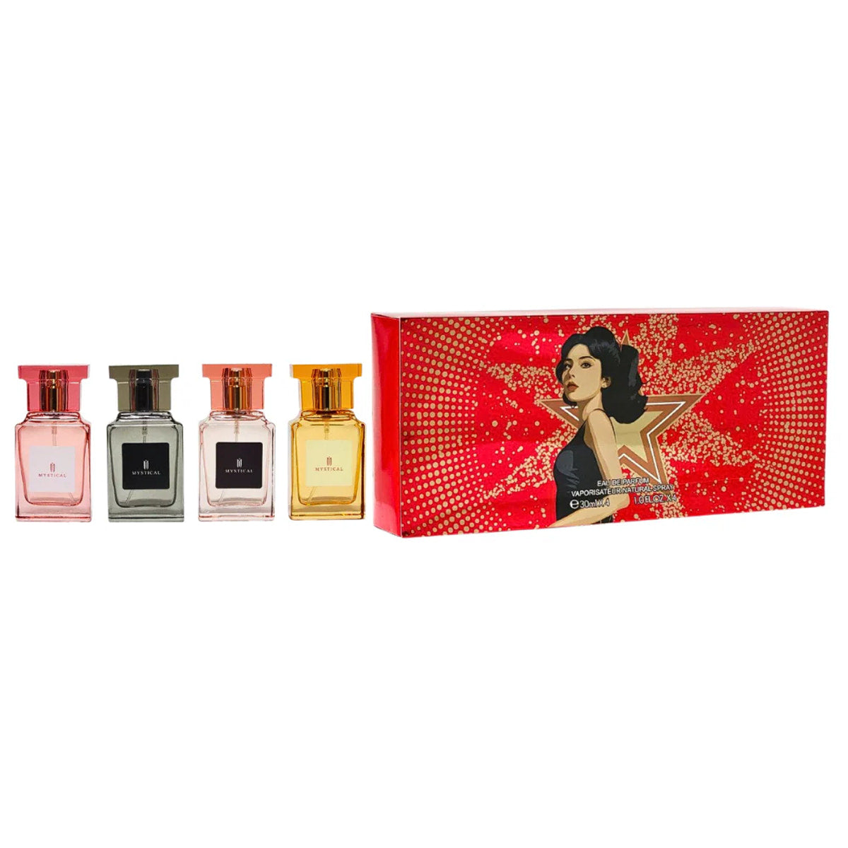 Original fragrance bottle and packaging on neat square photo