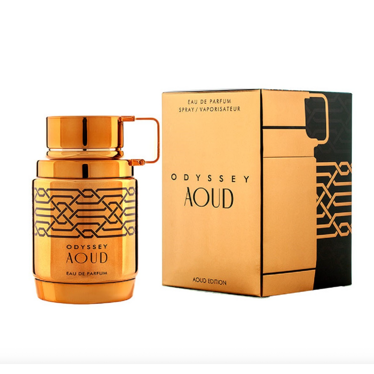 Original fragrance bottle and packaging on neat square photo