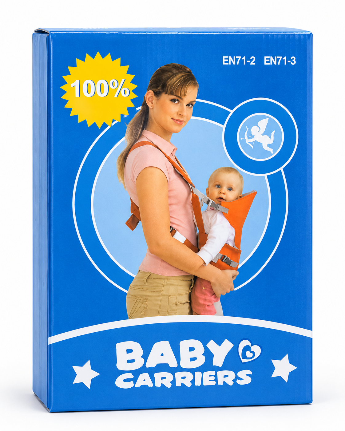 Orange baby carrier blue retail box studio photo