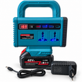 Portable intelligent inverter showing digital display, two sockets, USB ports, attached battery and charger; white-background product photo
