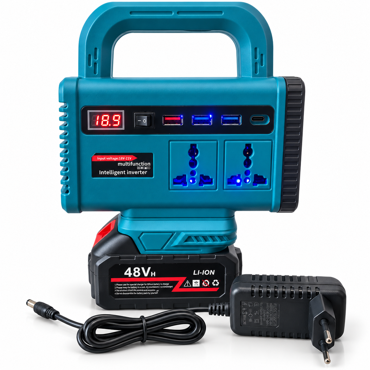 Portable intelligent inverter showing digital display, two sockets, USB ports, attached battery and charger; white-background product photo