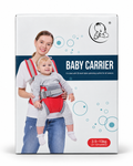 Red and grey baby carrier in retail box studio photo
