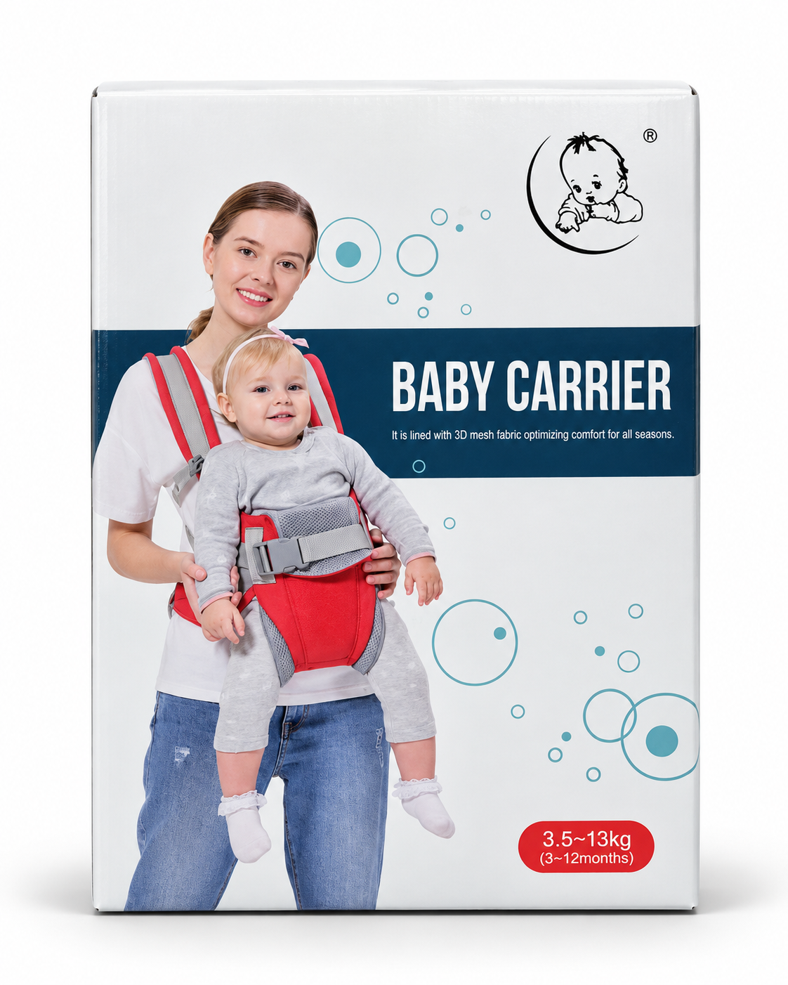 Red and grey baby carrier in retail box studio photo