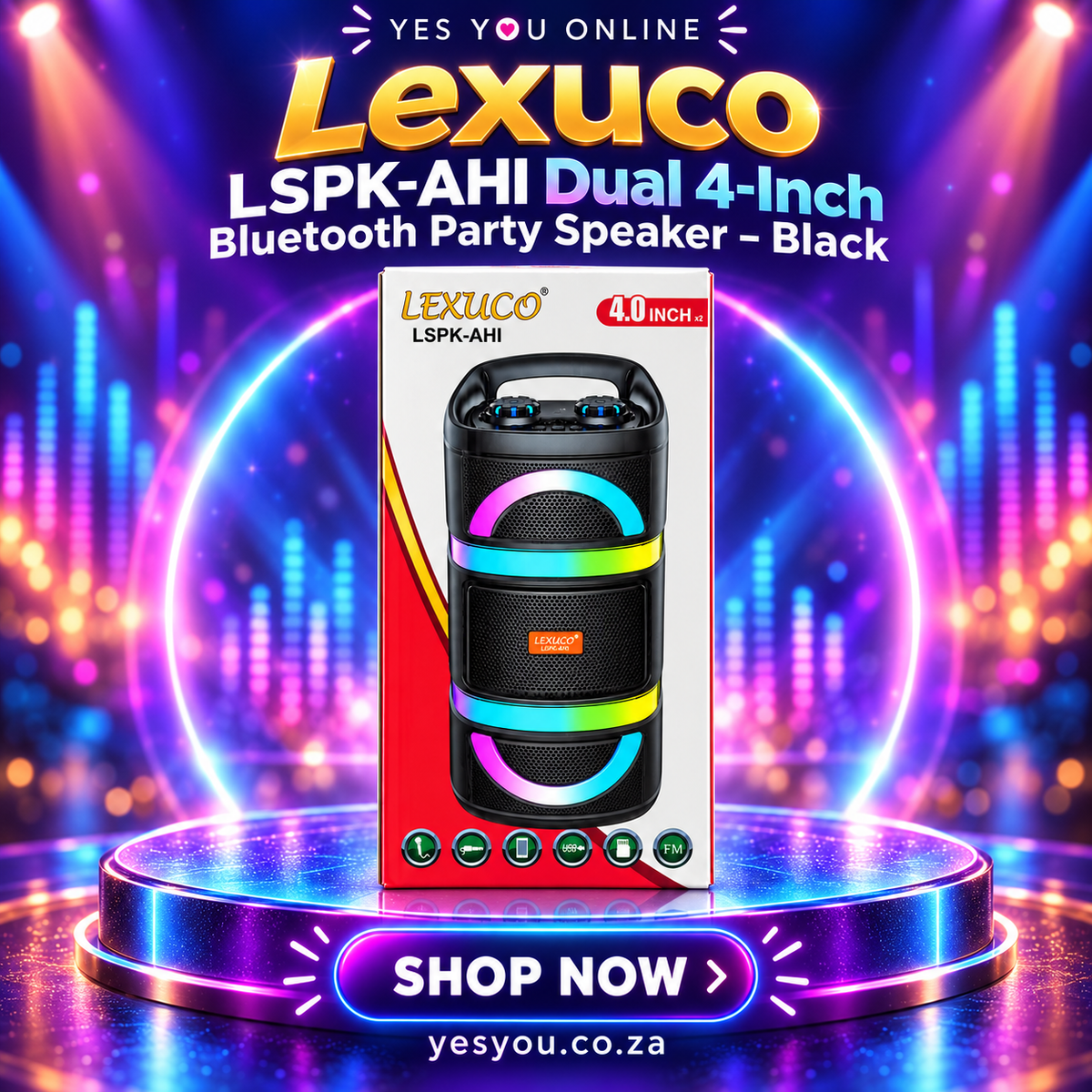 Lexuco LSPK-AHI Dual 4-Inch Bluetooth Party Speaker – Black — advertisement without price