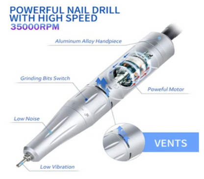 Rechargeable, Portable Nail Drill Machine - 0-35000 RPM - Dark Metallic Grey