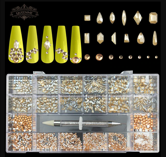 Luxury AB Diamond Nail Rhinestones with Gem Picker - 21 Grids - Gold