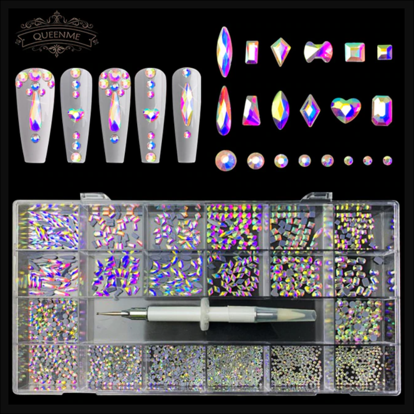 Luxury AB Diamond Nail Rhinestones with Gem Picker - 21 Grids - Silver Holographic